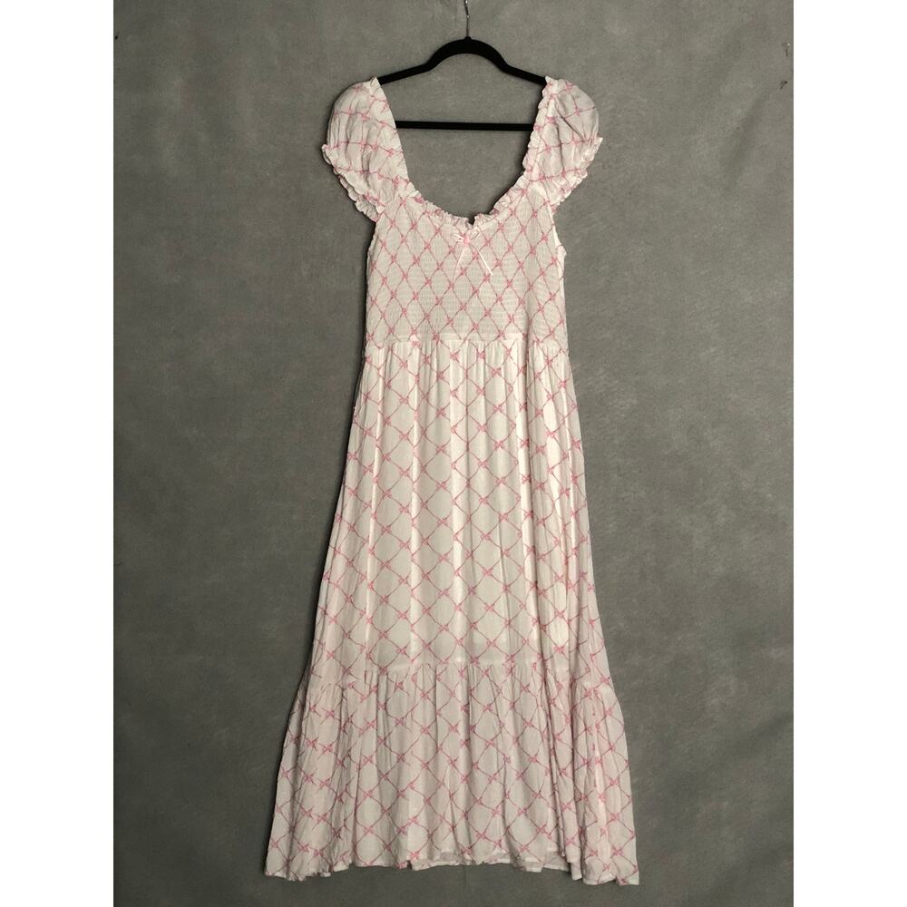 Perch by Blu Pepper Smocked Midi Dress Pink Bows Women's 1X NEW